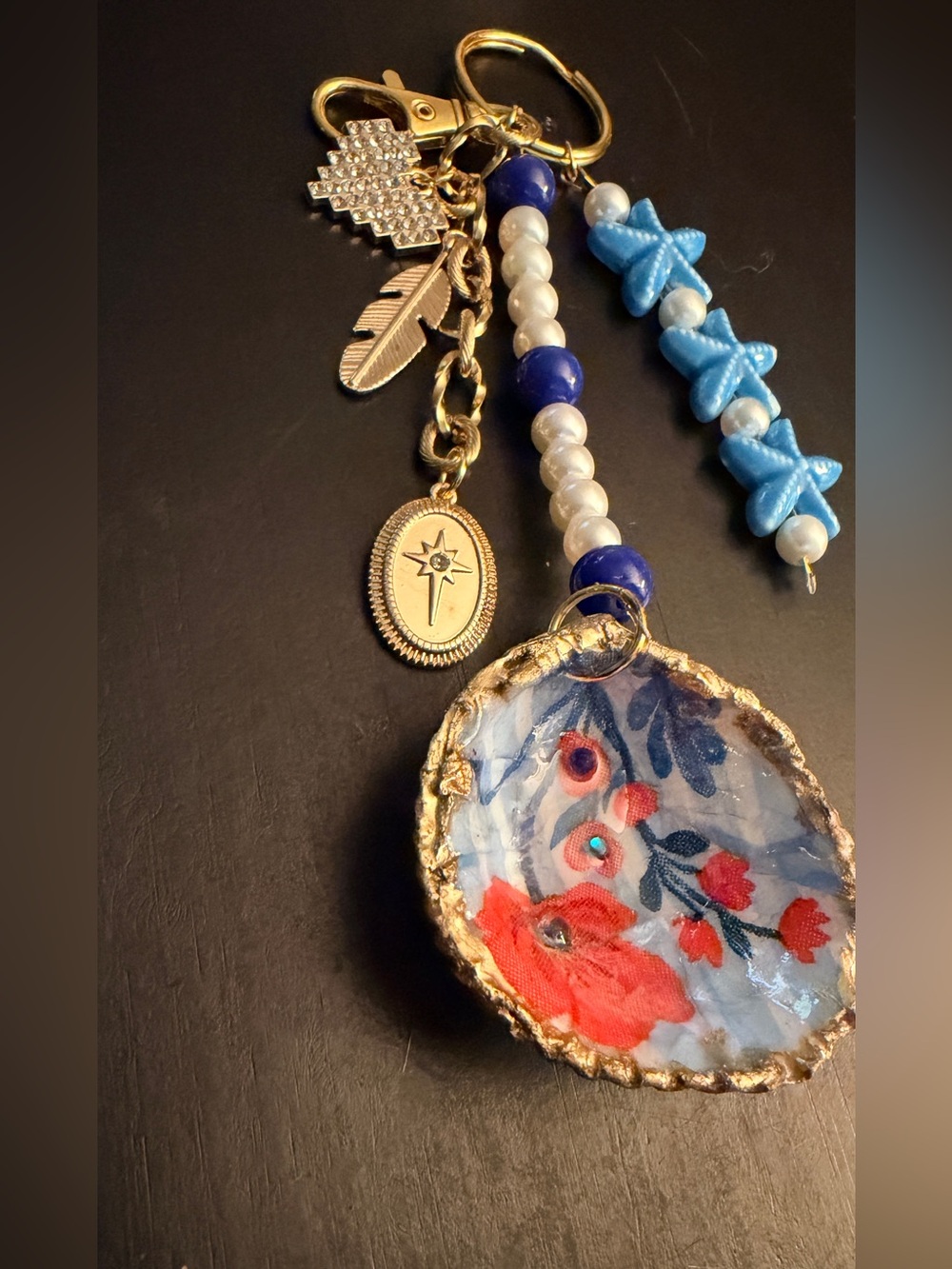 Handcrafted Floral Shell Pendant purse charm in Blue & Coral